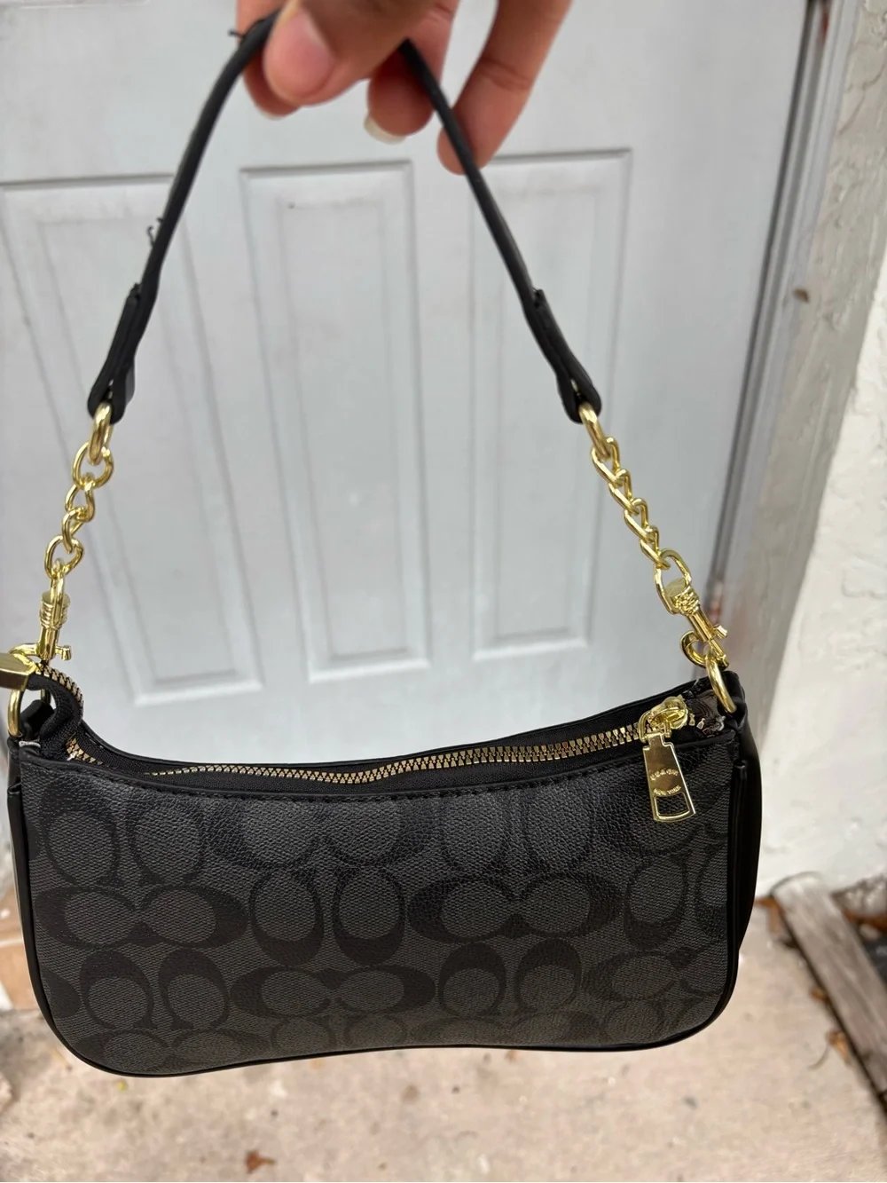 Coach Black Signature Canvas Shoulder Bag with Gold Chain Strap